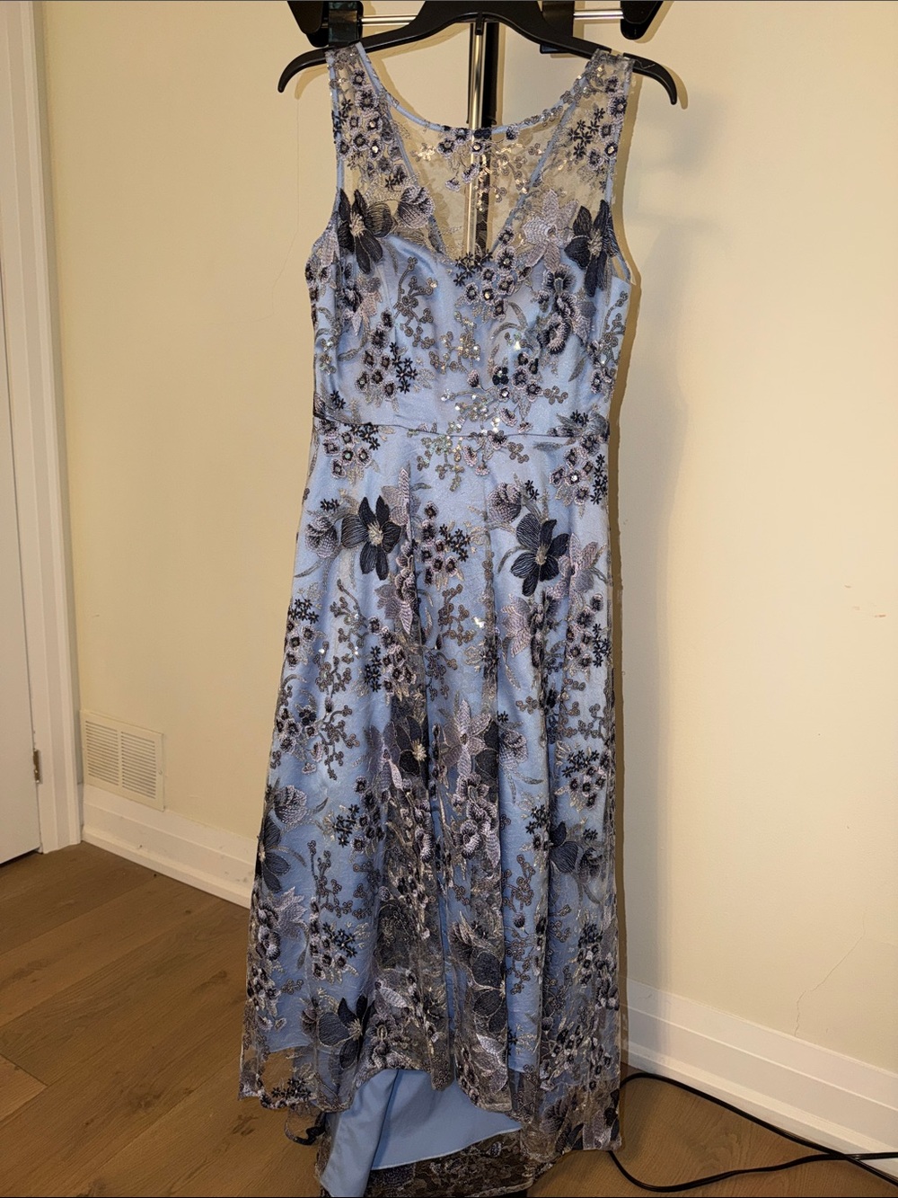 Eliza J Light Blue and Navy Floral High-Low Lace Dress